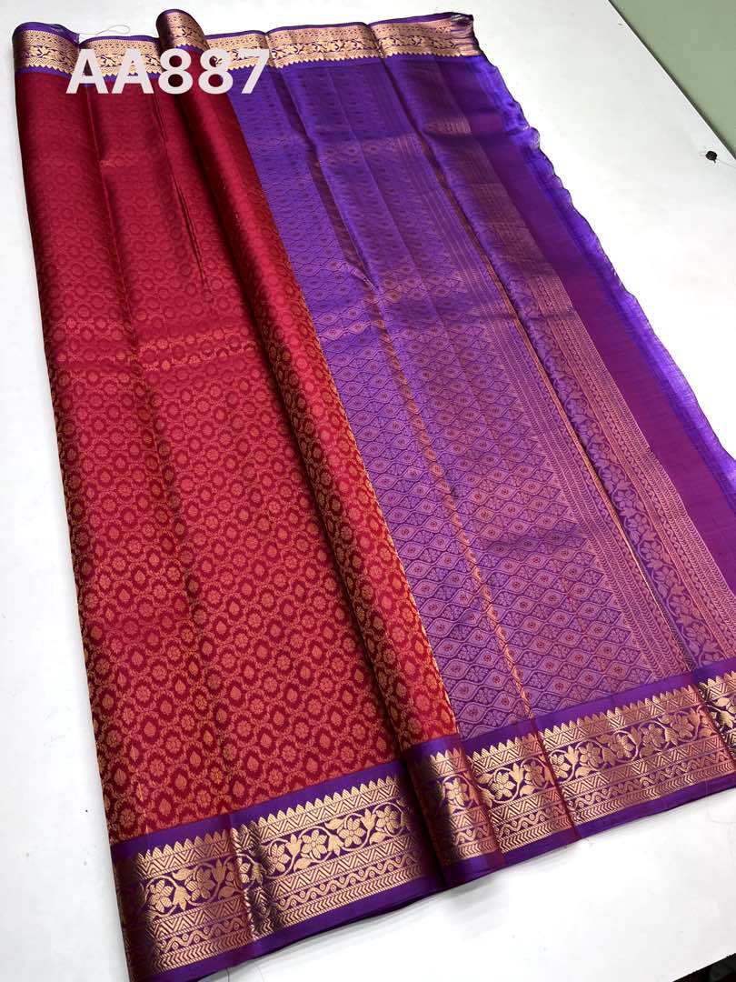 Beautiful Handloom Pure Soft Silk Empose Design Saree in Kumkum color with Lavender