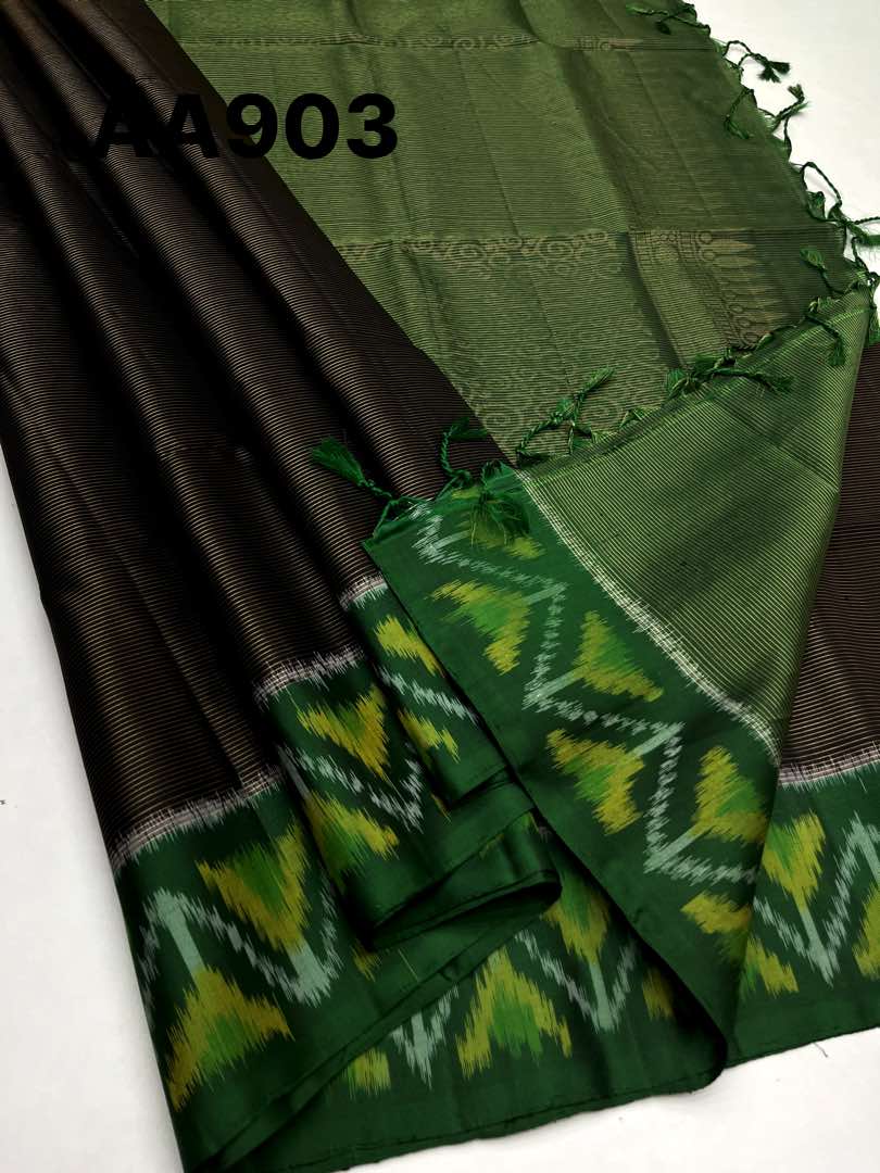 Beautiful Handloom Soft Silk Stripes saree in Black with Green