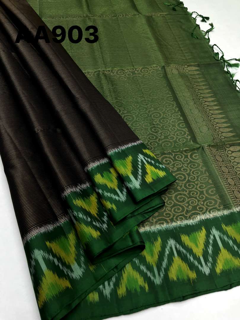 Beautiful Handloom Soft Silk Stripes saree in Black with Green