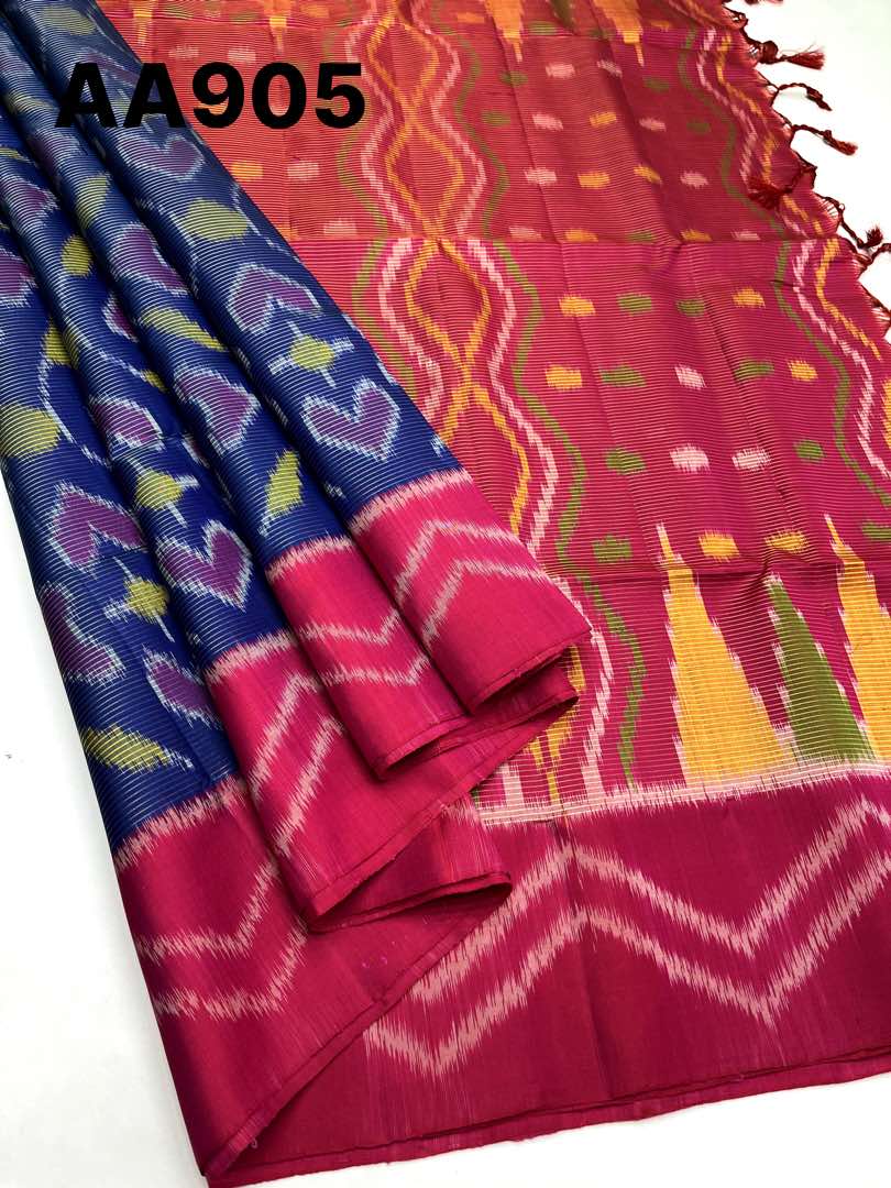 Handloom Pochampally Soft Silk - Blue with Pink