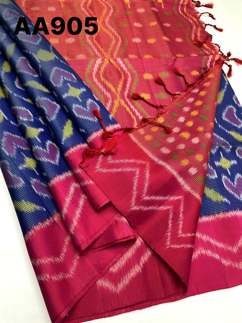 Handloom Pochampally Soft Silk - Blue with Pink