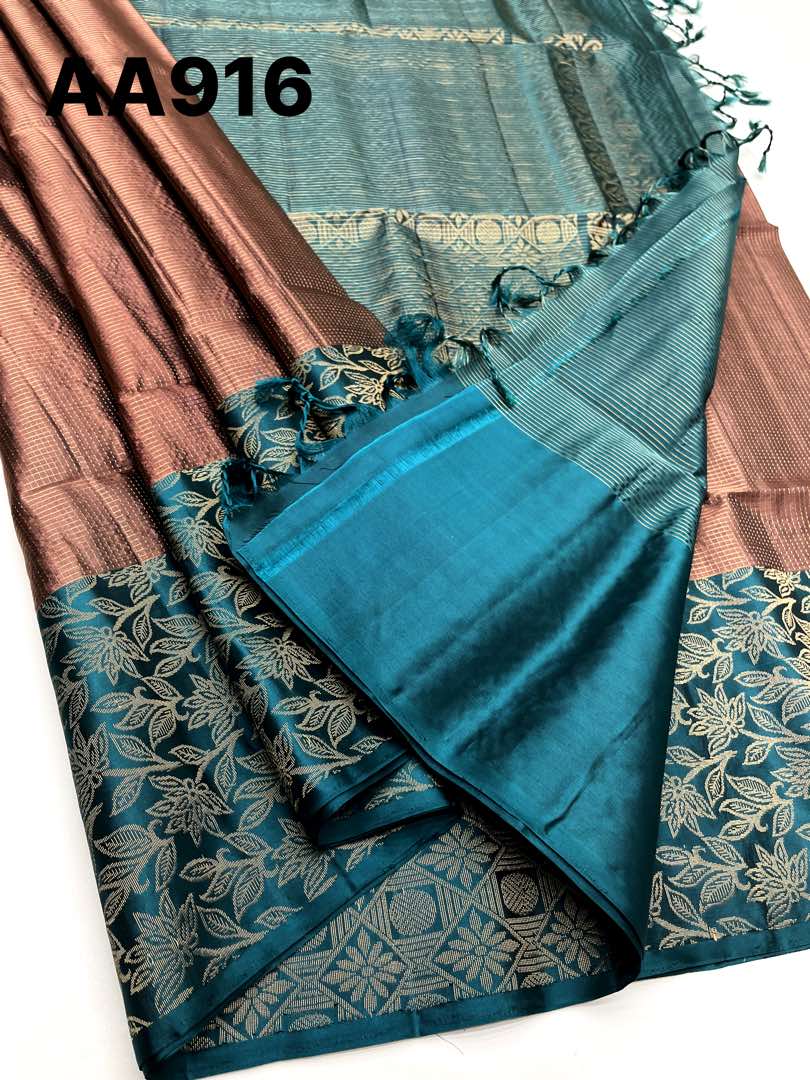 Beautiful Handloom Soft Silk Checked saree in Chocolate Brown with Teal Green