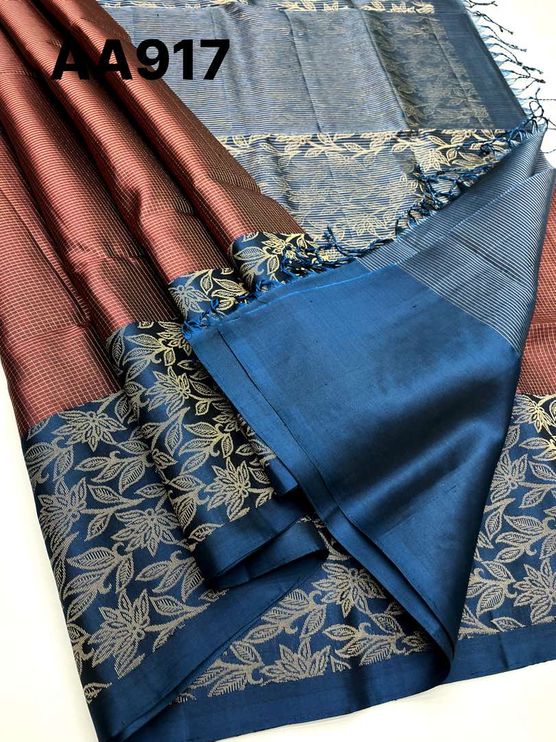 Beautiful Handloom Soft Silk Checked saree in Brown with Teal Blue