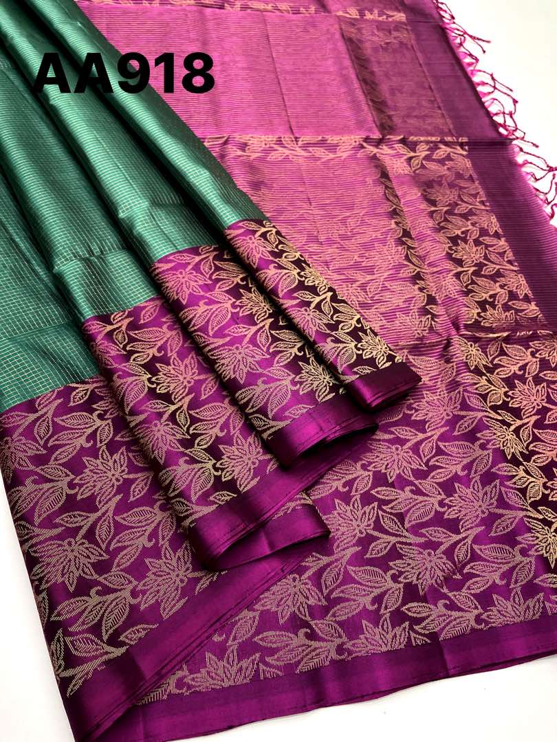 Beautiful Handloom Soft Silk Checked saree in Teal Green with Magenta Pink