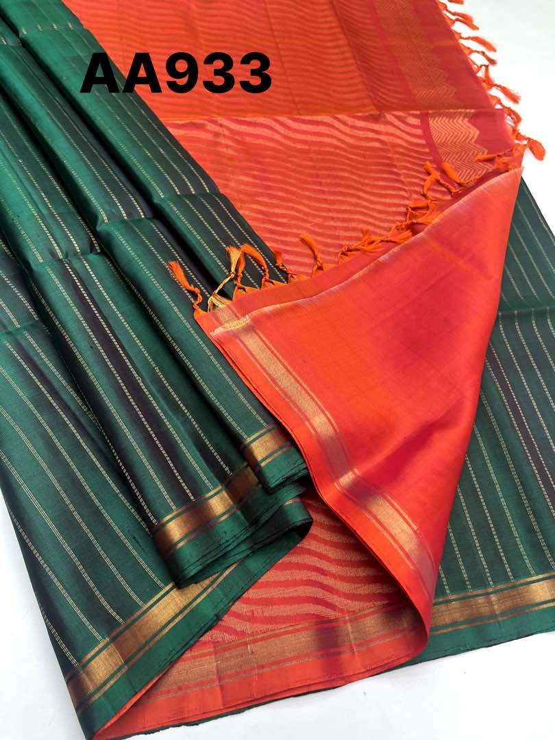 Beautiful Handloom Soft Silk Bhutta saree in Green with Orangish Pink