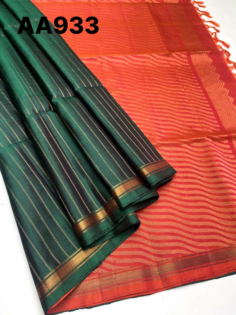 Beautiful Handloom Soft Silk Bhutta saree in Green with Orangish Pink