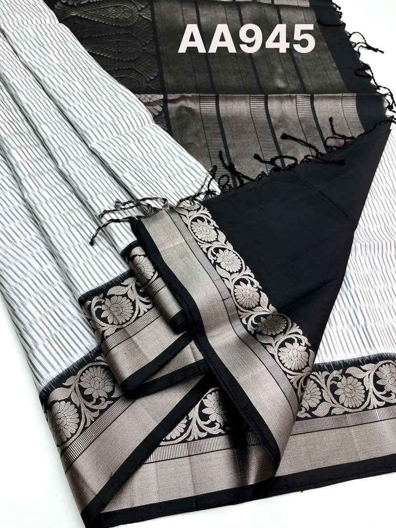 Beautiful Handloom Soft Silk Pochampally saree in White with Black