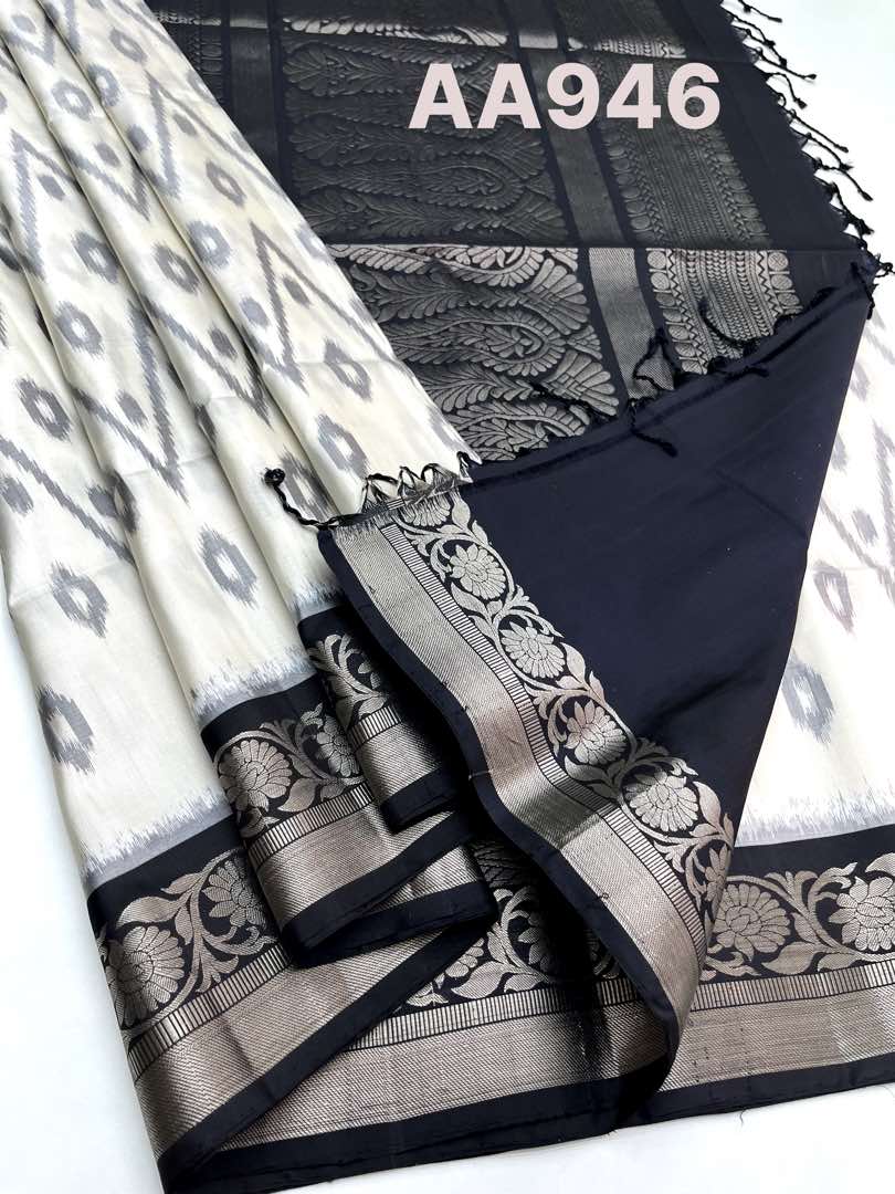 Beautiful Handloom Soft Silk Pochampally saree in White with Black