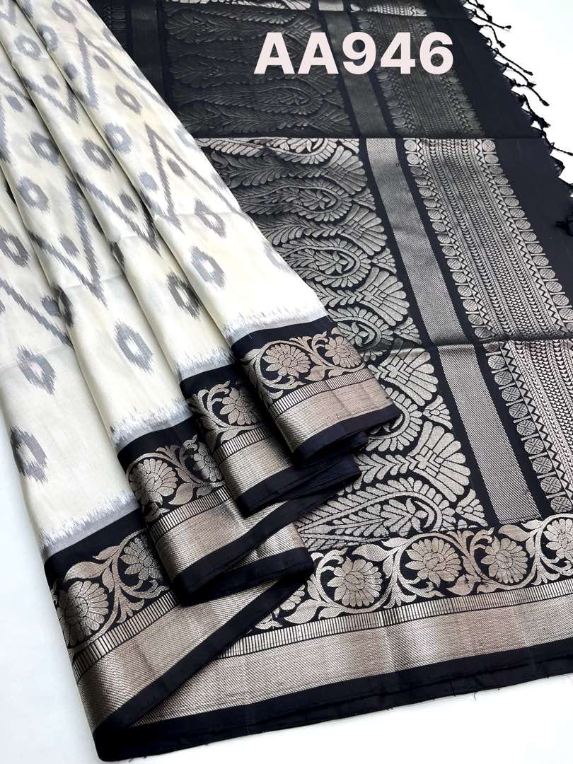 Beautiful Handloom Soft Silk Pochampally saree in White with Black