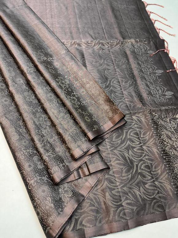 Beautiful Handloom Pure Soft Silk Silver Zari Brocade Saree in Light Chocolate Shade Color