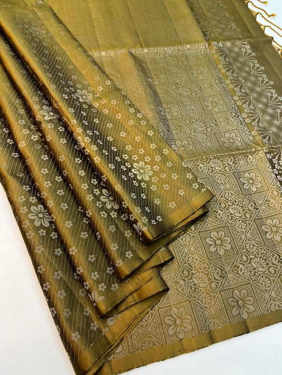 Beautiful Handloom Pure Soft Silk Silver Zari Bridal Saree in Mehandi Green Color