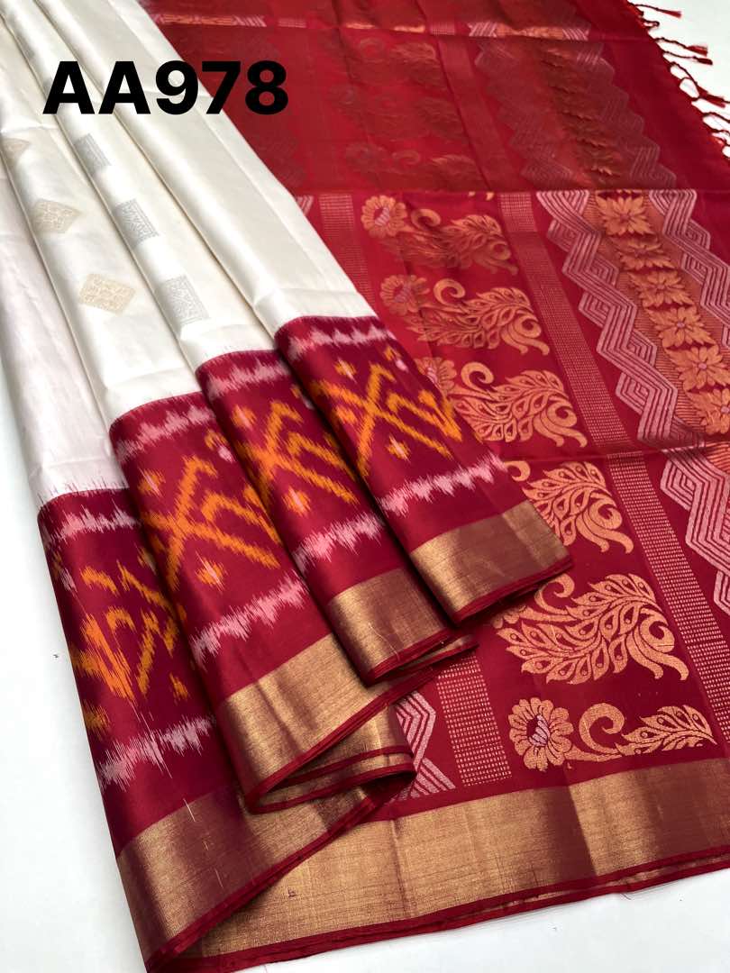 Beautiful Handloom Soft Silk Bhutta saree in White with Reddish Pink