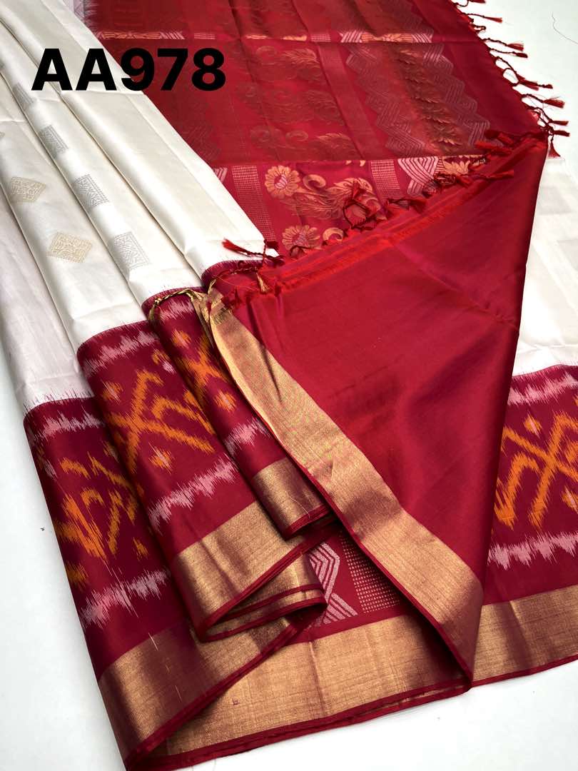 Beautiful Handloom Soft Silk Bhutta saree in White with Reddish Pink