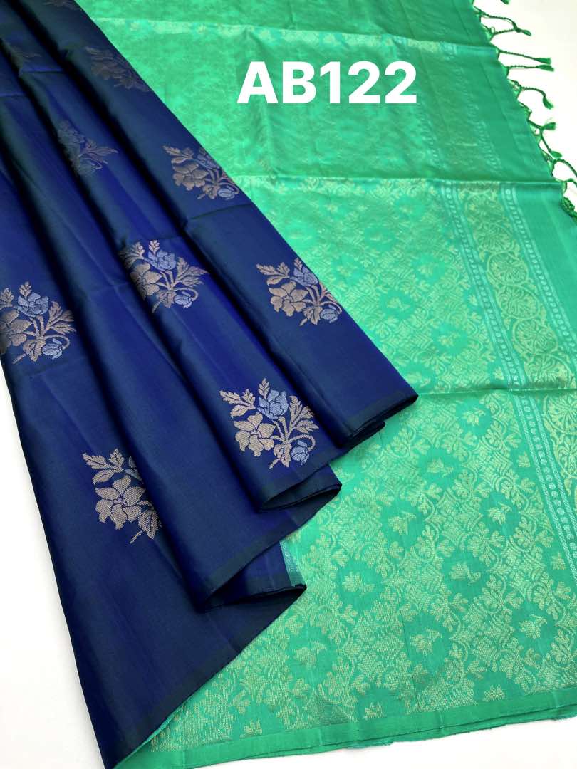 Beautifull Handloom Soft Silk Bhutta saree in Peacock Blue with Aqua Green