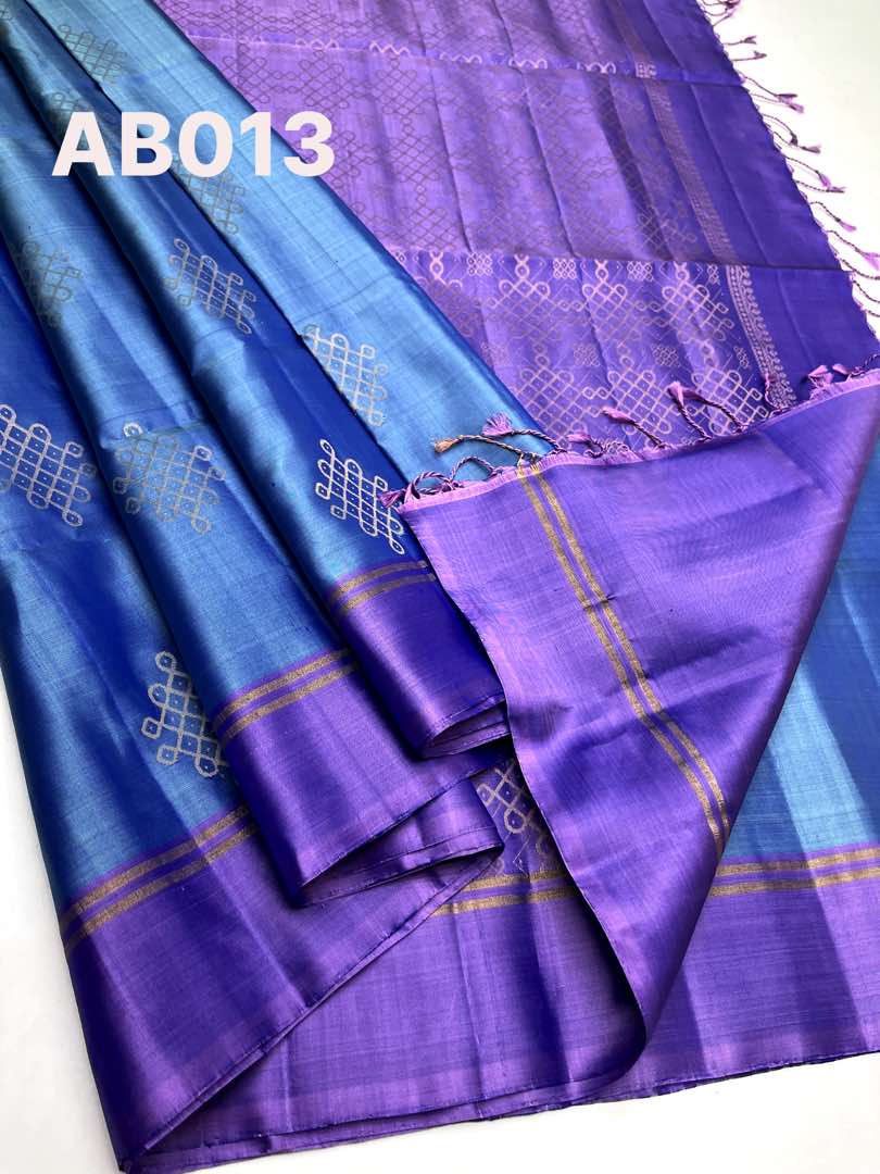 Beautiful Handloom Soft Silk Kolam saree in Blue with Lavender