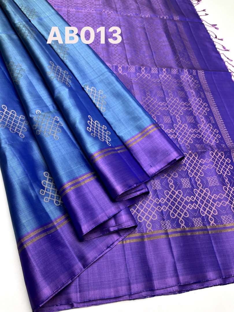 Beautiful Handloom Soft Silk Kolam saree in Blue with Lavender