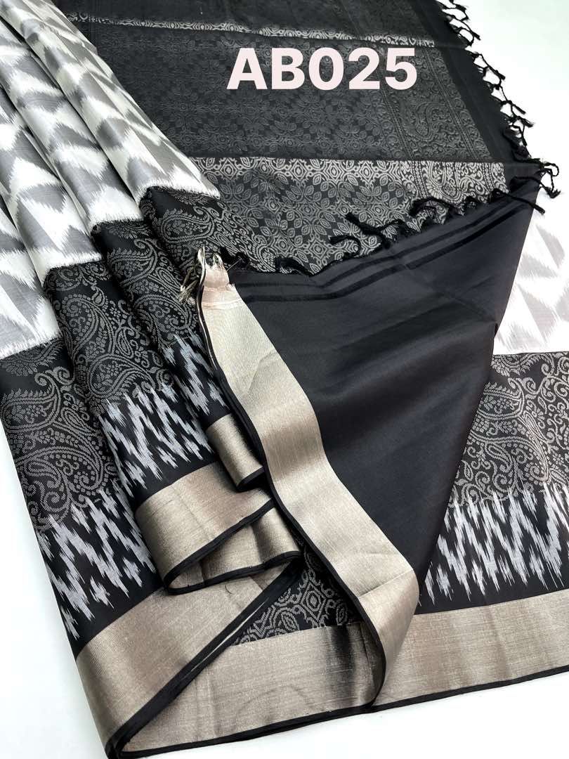 Beautiful Handloom Soft Silk Pochampally saree in White with Black