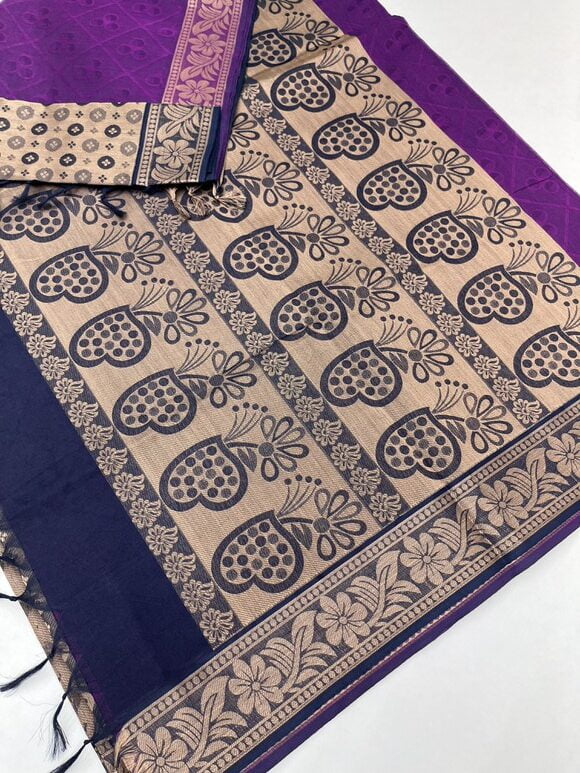 Pure cotton sarees with Empose design in Purple with jaquard blouse color