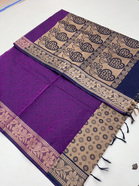 Pure cotton sarees with Empose design in Purple with jaquard blouse color