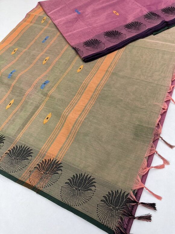 Pure cotton sarees with Hand Bhutta design in Pink with Green color