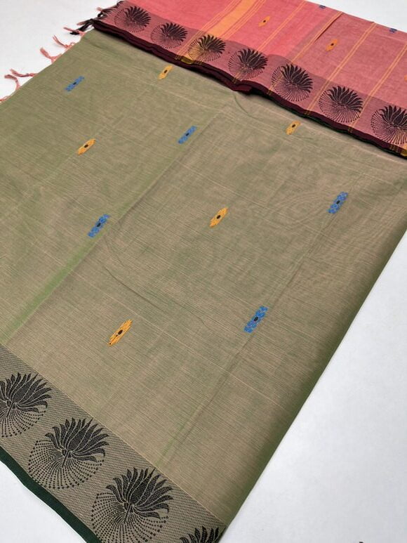 Pure cotton sarees with Hand Bhutta design in Green with peach color