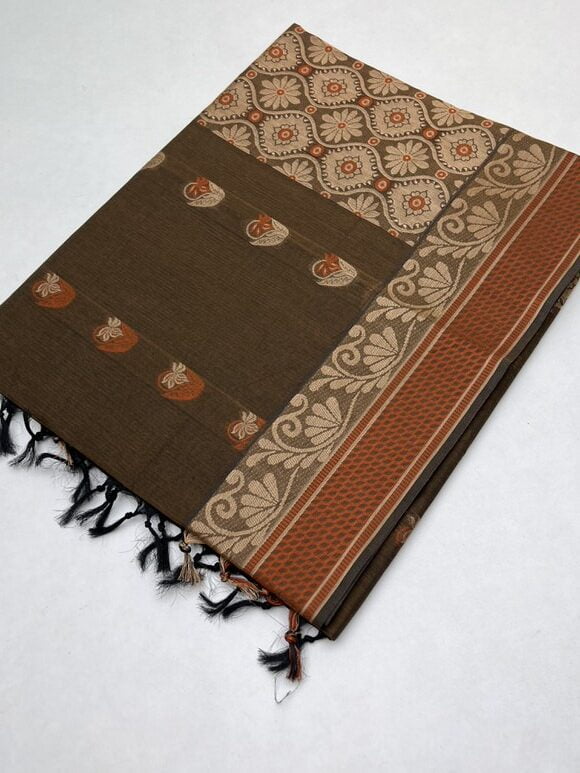 Pure cotton saree with Meena Bhutta in Wooden Brown color