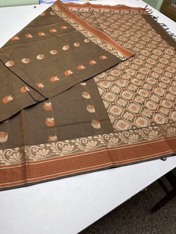 Pure cotton saree with Meena Bhutta in Wooden Brown color