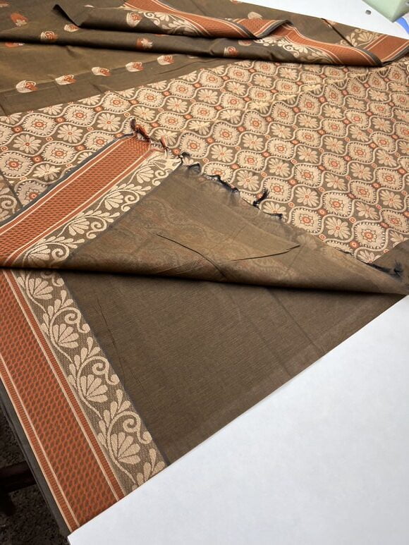 Pure cotton saree with Meena Bhutta in Wooden Brown color