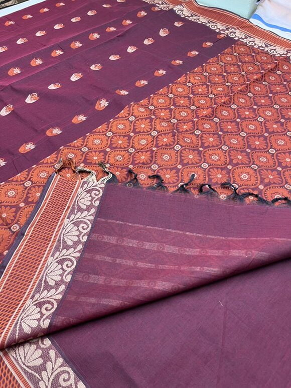 Pure cotton saree with Meena Bhutta in Meroon  color