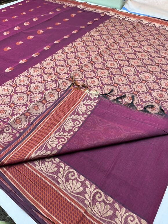 Pure cotton saree with Meena Bhutta in Magenta color