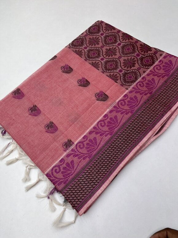 Pure cotton saree with Meena Bhutta in peachish Pink color