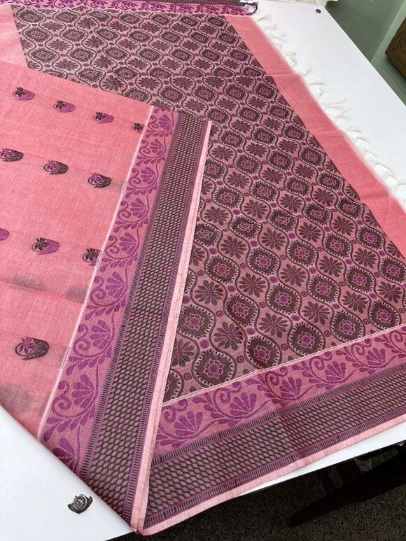 Pure cotton saree with Meena Bhutta in peachish Pink color