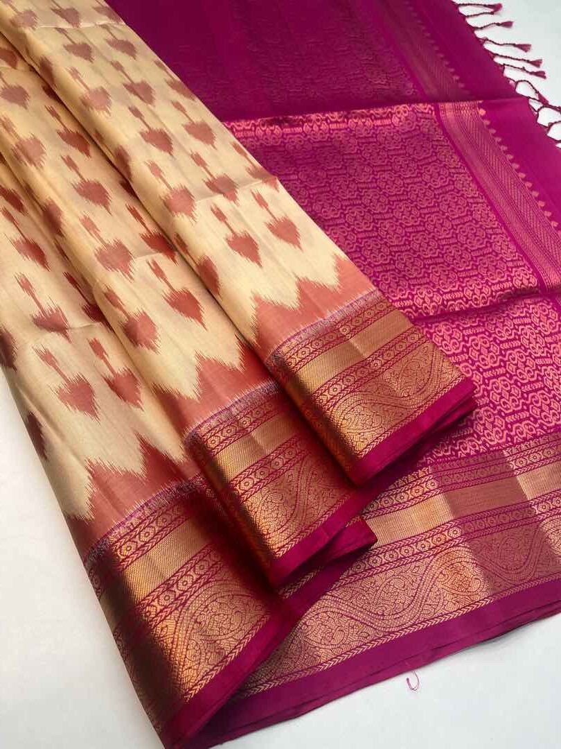 Handloom Soft Silk Pochampally Ikkat Design saree Half White with Pink