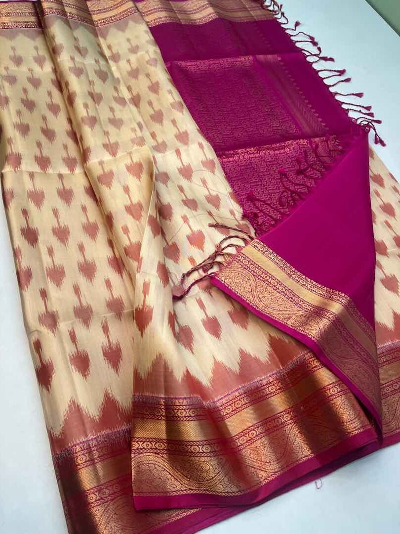 Handloom Soft Silk Pochampally Ikkat Design saree Half White with Pink