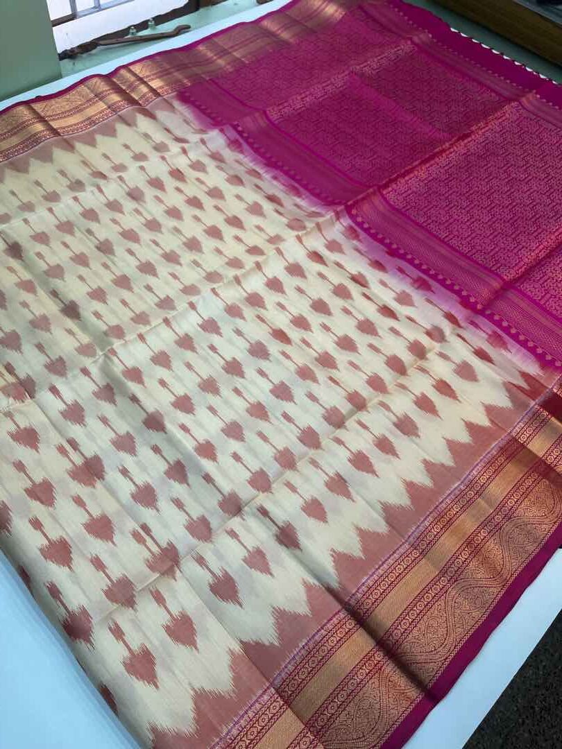 Handloom Soft Silk Pochampally Ikkat Design saree Half White with Pink