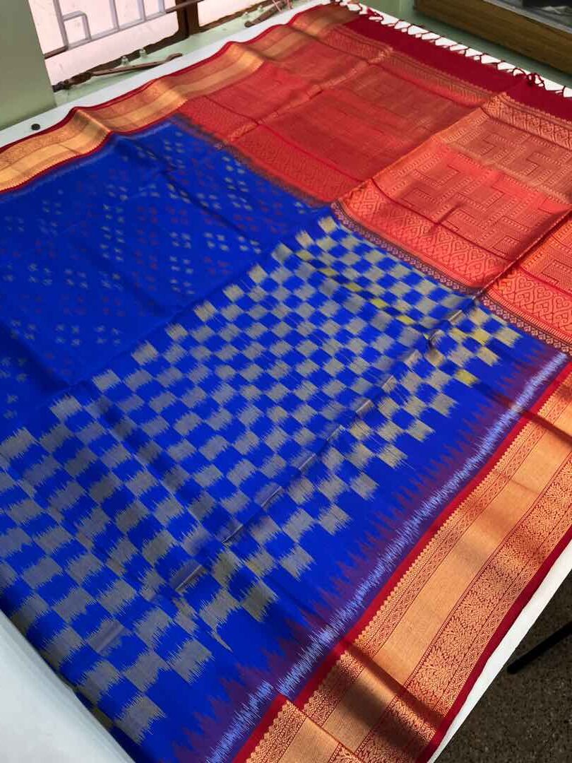 Handloom Soft Silk Pochampally Ikkat Design saree Blue with Red