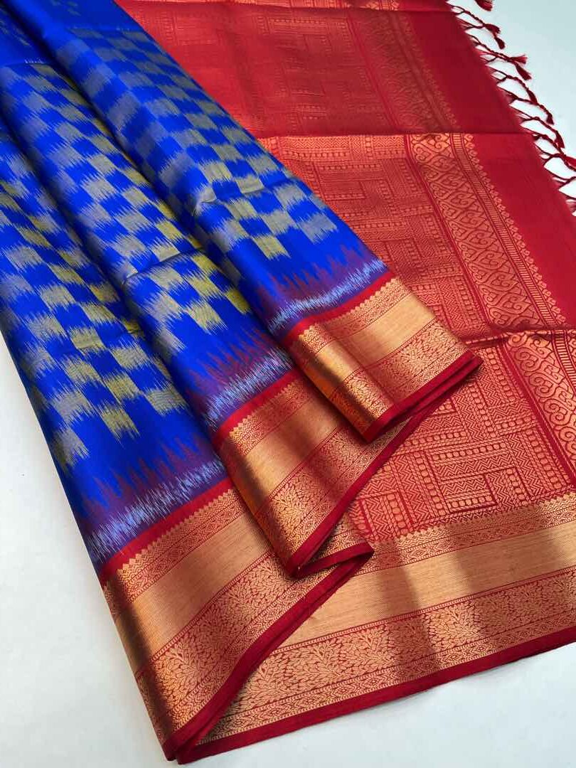 Handloom Soft Silk Pochampally Ikkat Design saree Blue with Red