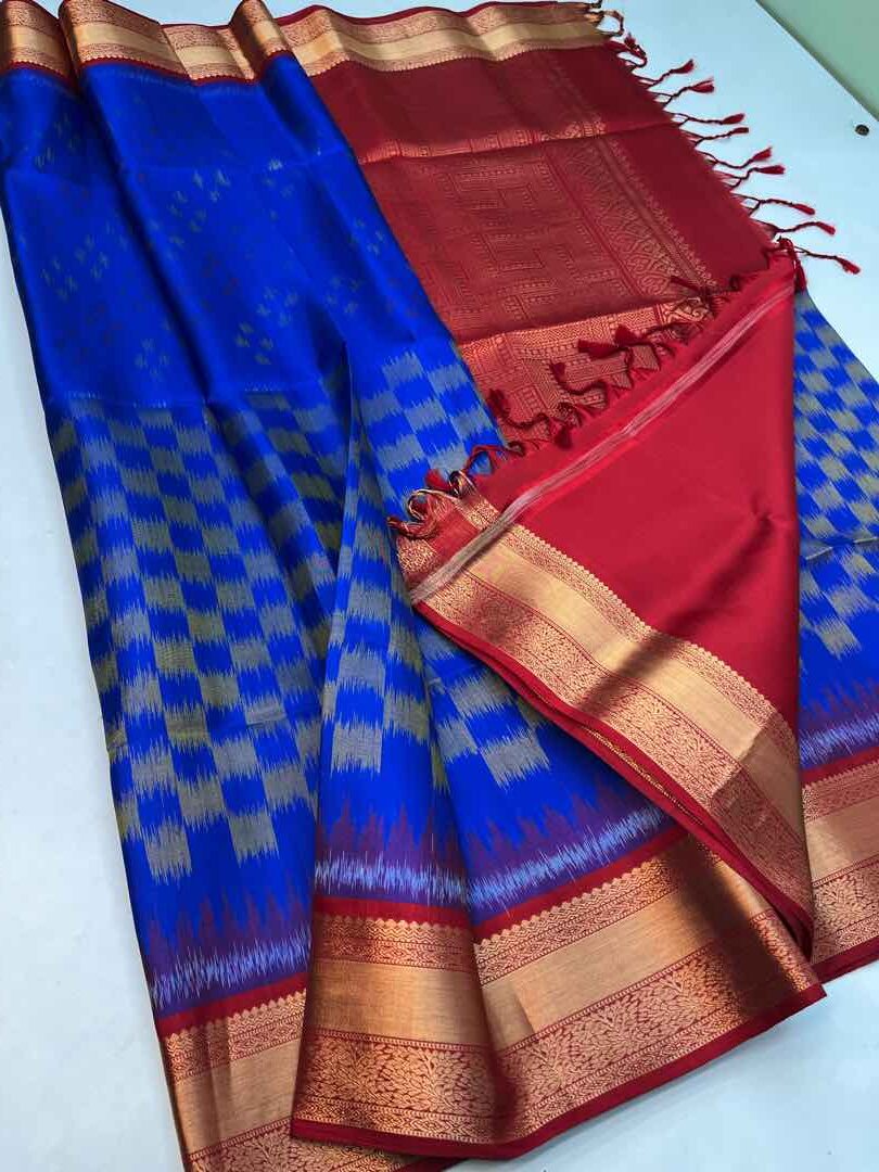 Handloom Soft Silk Pochampally Ikkat Design saree Blue with Red