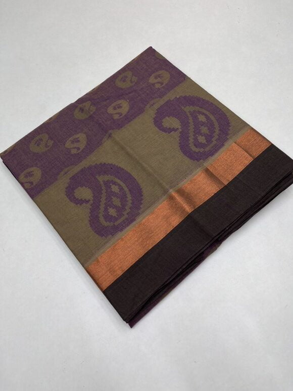 Pure cotton saree with Meena Bhutta with contrast Border in Purple color