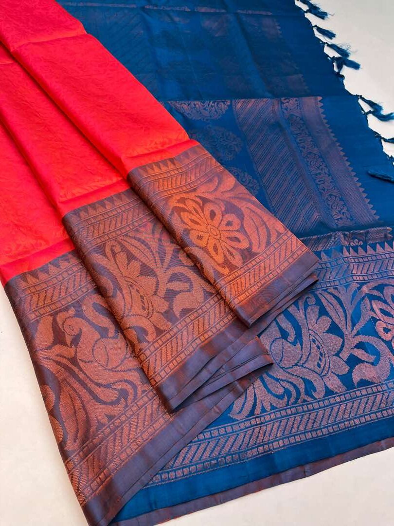 Beautiful Handloom Pure Soft Silk Bridal saree Orangish pink  with  Peacock Blue color