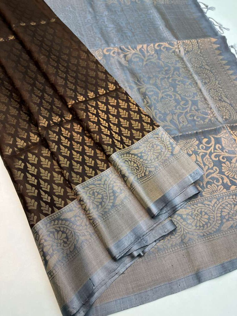 Beautiful Handloom Pure Soft Silk Bridal saree in Coffee Brown With Grey color