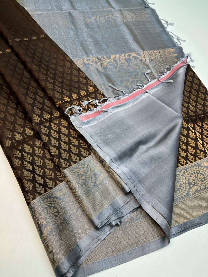 Beautiful Handloom Pure Soft Silk Bridal saree in Coffee Brown With Grey color