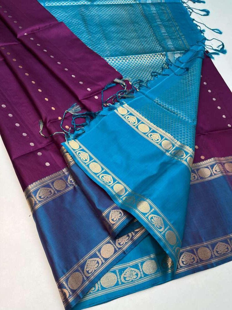 Beautiful Handloom Soft Silk Rettapett saree in  Purple with Peacock Blue