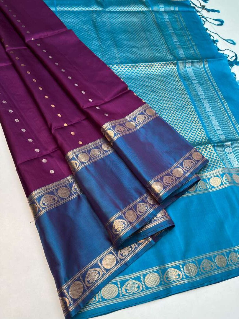 Beautiful Handloom Soft Silk Rettapett saree in  Purple with Peacock Blue