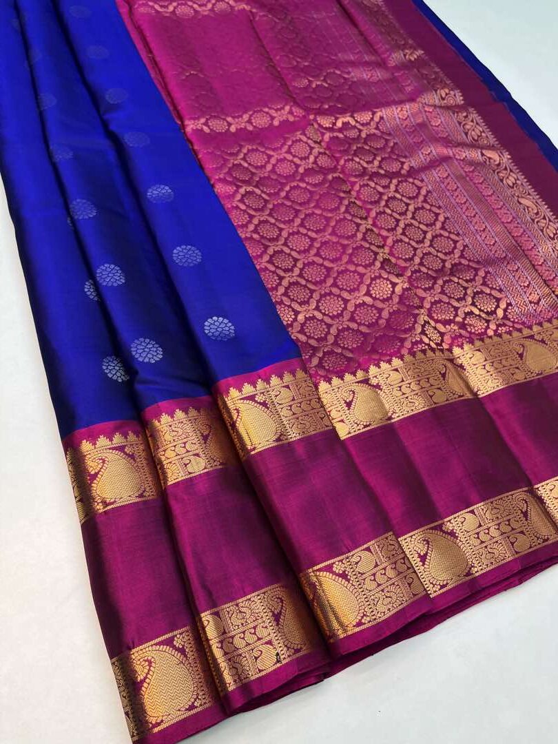 Beautiful Handloom Soft Silk Rettapett  saree in Blue with Pink