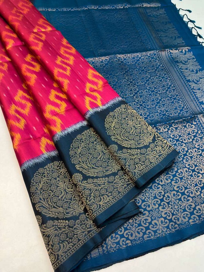 Beautiful Handloom Soft Silk Pochampally Design saree in Rani pink with Teal blue