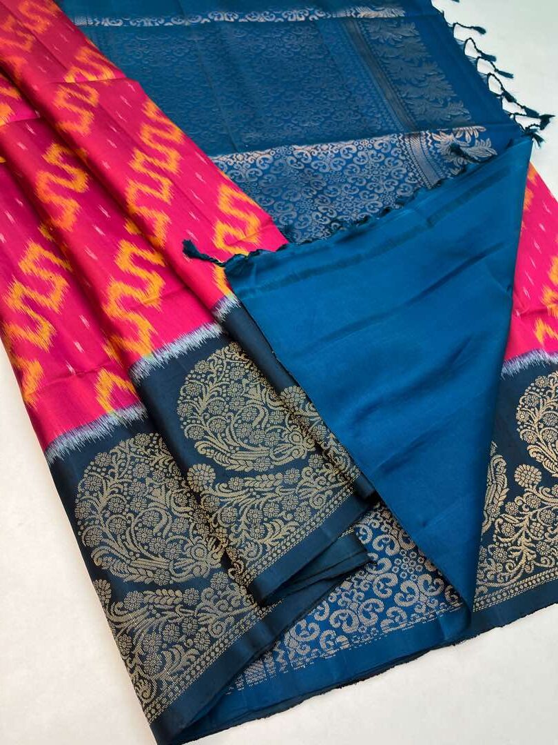 Beautiful Handloom Soft Silk Pochampally Design saree in Rani pink with Teal blue