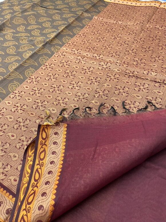 Pure cotton sarees with all over empose design in  Brownish Black color