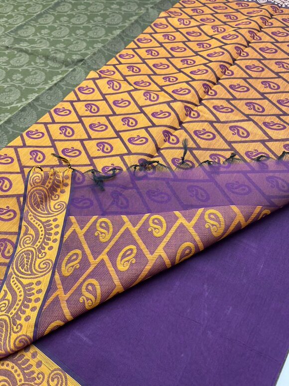 Pure cotton sarees with all over empose design in Arakku Green color