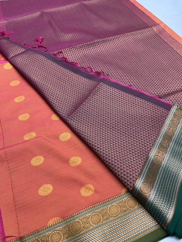 Kanjeevaram Semi silk saree with Jaquard Border in Orange  with Pink